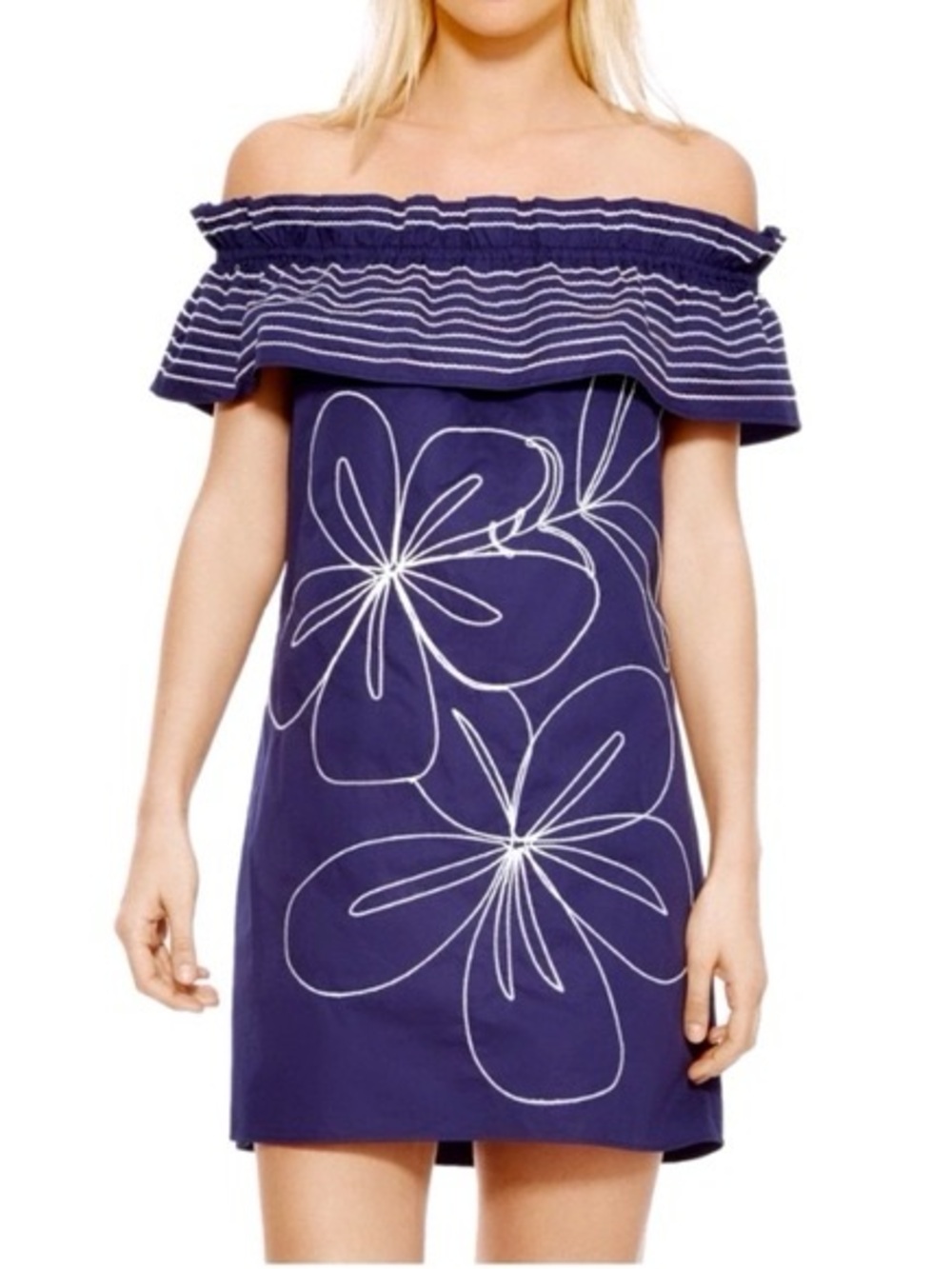 Parker Jody Off-the-Shoulder Dress in Blue Horizon with white embroidery
